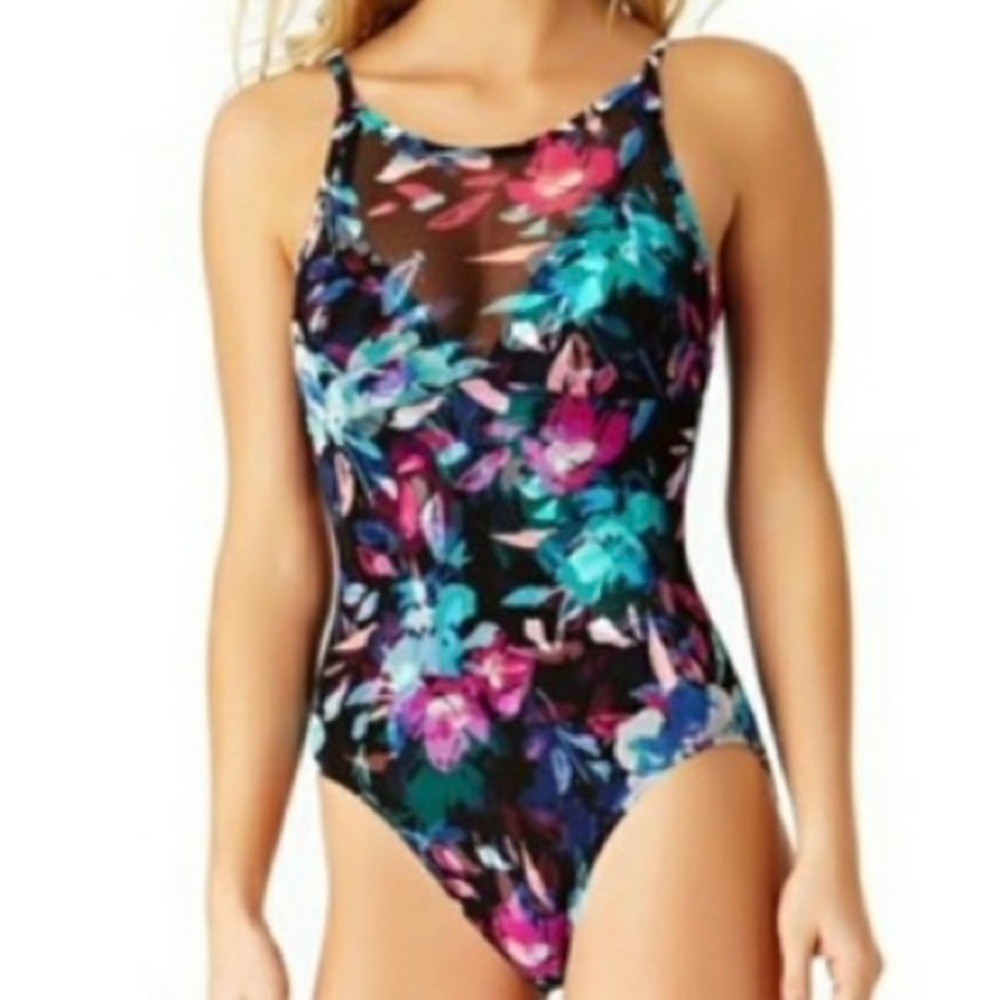 TIME and TRU Floral Sheer Top Full Coverage 1 Pc Swim Sz 2X 20W/22W